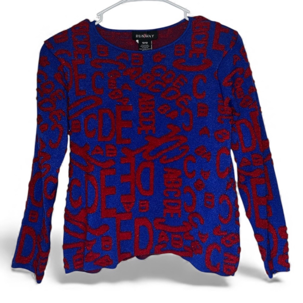 Runway 7 Women’s Navy & Red Alphabet Embroidered Long Sleeve Cropped Shirt XS